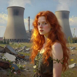 red hair girl, chernobyl powerplant!!!, rubble, flowers, vines, hyperrealistic, highly detailed, cinematic, single ray of golden sunlight, beautiful, cgssociety, artstation, 8 k, oil painting by greg rutkowski, by artgerm, by wlop