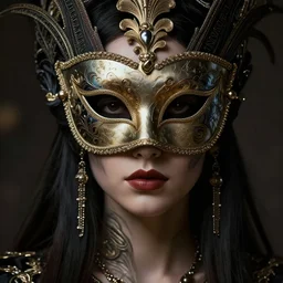full pov of a very highly detailed epic photo of woman with venetian mask, intricate, dystopian, sci - fi, extremely detailed, digital painting, artstation, concept art, smooth, sharp focus, illustration, intimidating lighting, incredible art by artgerm, ultra details, 8 k.