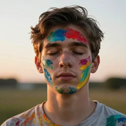 bokeh realistic outdoors portrait of a young adult with various colors of vibrant paint smeared on their face, eyes closed, at sunset, hdr cinematic lens