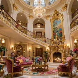 large luxurious billionaire's atrium. Maximalist colorful decoration and fancy furniture. Classic architecture with golden accents. Curved staircase with elaborate railing. Large ornate fireplace. Illumination provided by fire torches, chandeliers, and candles. Detailed digital art by studio ghibli