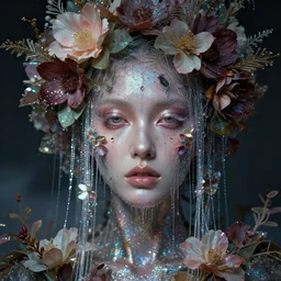 detailed face of a floral woman, lush, opulent, light cascade, shimmer, utopian, tech noir, wet reflections, prism, atmospheric, ambient, pj crook, syd mead, livia prima, artgerm, greg rutkowski, nick alm, casey baugh