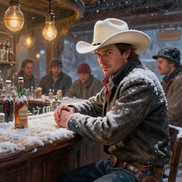 highly detailed painting of a snow - covered cowboy in a bar, stephen bliss, 8 k hdr, unreal engine, by greg rutkowski, loish, rhads, artgerm, ferdinand knab, makoto shinkai and lois van baarle, ilya kuvshinov, rossdraws, tom bagshaw, backlit bokeh detailed intricate environment