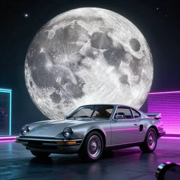 a wide shot cinematic keyframe matte painting of a sleek 1 9 7 0 s vaporwave moonlight. moon with heart craters. by eric lafforgue, glennray tutor and edward hopper, greg rutkowski. trending on artstation.