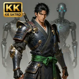 an epic fantastic realism comic book style portrait painting of a japanese samurai, male with black hair and a green belt, apex legends, octane render, intricate detail, 4 k hd, unreal engine 5, ex machina, irobot