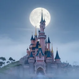 happy disney castle rising up from the mist in the morning silhouetted by a single huge moon, waterfall, butterflies, unicorn, crystal lake, anders zorn, thomas kincade, trending on artstation, lava, dungeons and dragons, saturated colors, fun, happy, colorful