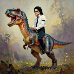 michael jackson riding a velociraptor, oil painting