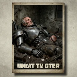 old decrepit man sleeping inside, mech, ww 3, resting, gritty, apocalyptic, poster