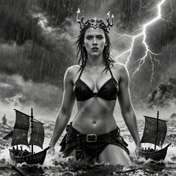 muscular scarlett johansson is possidon in the rough sea, tiny pirate ships in water, wearing trident crown, thunderstorm with lightning, pencil and ink, afro samurai anime style, black and white, dramatic lighting, soaking wet, heavy rain!