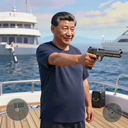 Xi Jinping with a handgun on a yacht deck, GTA V gameplay screenshot, sharp, Unreal Engine 5, very detailed shading