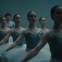 vfx film closeup, futuristic ballerinas stand - off, flat color profile low - key lighting award winning photography arri alexa cinematography, hyper real photorealistic cinematic, atmospheric cool colorgrade