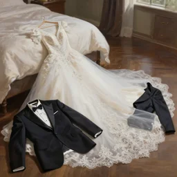 a painting of a wedding dress and a tuxedo discarded on a bedroom floor. trending on ArtStation.