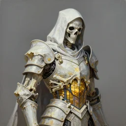 breathtaking detailed painting of a white grim reaper with a big headpiece, by ruan jia, armor made of pale bones, golden twilight stained glass, amalgamation of bones, 8 k, concept art, matte, sharp focus, rembrandt style