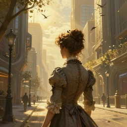 portrait of a victorian lady in a futuristic city, from behind, streets, birds in the sky, sunlight and rays of light shining through trees, golden hue, tall buildings on the sides, beautiful, solarpunk!!!, highly detailed, digital painting
