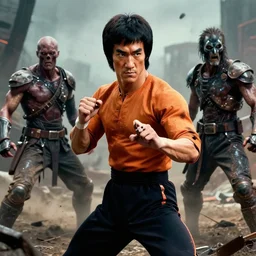 bruce lee as kenshiro in live action fist of northstar movie, hyperreal, post apocalyptic, mutants, martial arts, cinematic