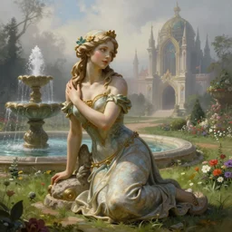 The kneeling statue of a woman in a beautiful garden, next to a fountain and a mystical palace, and all this in a foggy and mysterious atmosphere.Fantasy and concept art, colorful digital painting.