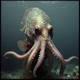 an early portrait photo of a deep sea humanoid creature, fish scale and tentacle face, lost footage, vintage photo, horror, retetro, found footage