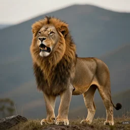 a beautiful photo of lion roar on mountain, hyper realistic, natural light, concept art, cozy, atmospheric and cinematic lighting
