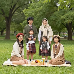 family dressed in jamcore fashion on a picnic in a park.