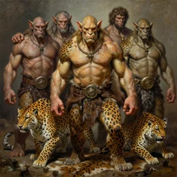 fabulous half - orcs in leopard skins, tim hildebrandt, wayne barlowe, bruce pennington, donato giancola, larry elmore, oil on canvas, masterpiece, trending on artstation, featured on pixiv, cinematic composition, dramatic pose, beautiful lighting, sharp, details, hyper - detailed, hd, hdr, 4 k, 8 k