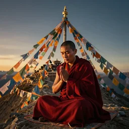 oil matte portrait of tibetan monk sitting at a mountain peak praying, with tibetan prayer flags going up the summit, cinematic lighting, deep focus, sharp focus, golden ratio, dramatic illumination, hdr, ultra realistic, 8 k, highly detailed, trending on artstation, epic composition, by caravaggio, by artemisia lomi gentileschi