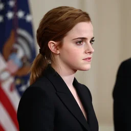 official side portrait of united states president emma watson, in a black suit, 1 7 8 8, a character portrait by cassius marcellus coolidge, reddit contest winner, american romanticism, oil on canvas, detailed painting, creative commons attribution