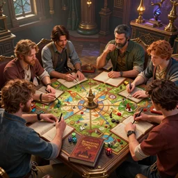 nerds playing dungeons & dragon tabletop rpg, artstation, cinematic, ultrafine highly detailed hyper colorful illustration, sharp focus, rozalski, craig mullins, unreal engine highly rendered, global illumination, radiant light, intricate and detailed environment, guys playing dungeons & dragon tabletop rpg, dnd session, maps, dice and rulebooks on the table
