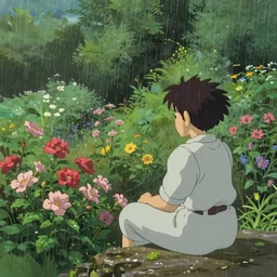 i am just sitting watching flowers in the rain, feel the power of the rain, making the garden grow. studio ghibli, thomas kinkade, caspar david friedrich and clint clearley