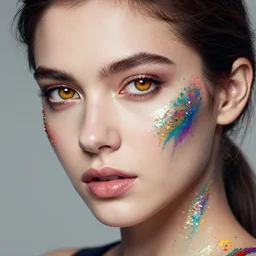 portrait photography, stunning woman with deep amber eyes, splattered with shimmering colorful paint