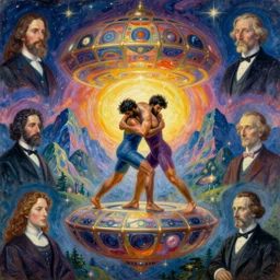 man wrestling over the psychedelics dream bot mothership over the sublime sacred mountains at night. painting by monet, bosch, caravaggio, agnes pelton, rene magritte