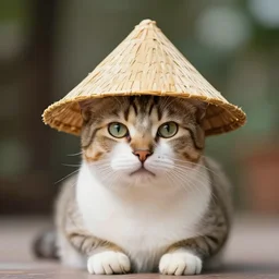 A cat wearing a small vietnamese straw hat, award winning photo, 4K
