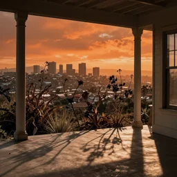 dead plants on a porch in Los Angeles, Smokey orange sky, by Emmanuel Lubezki