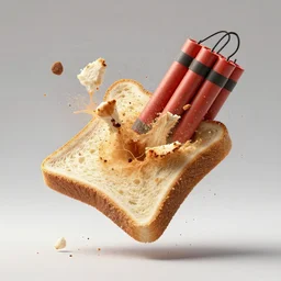 a photo of a piece of bread that has exploded and blown up to smithereens with dynamite