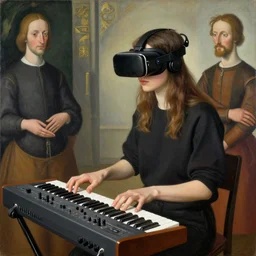 young woman wearing vr - brain - interface plays a modular synthesizer. painted by francis bacon, hieronymus bosch, giuseppe arcimboldo, albrecht durer, eric lacombe.