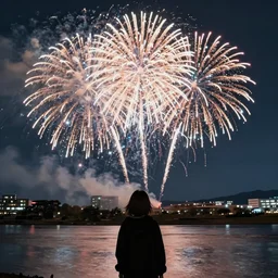 firework in the sky at river bank, black hoodie girl from behind on the bottom, by kyoto animation, insanely detailed. instagram photo, kodak portra. by wlop, ilya kuvshinov, krenz cushart, greg rutkowski, pixiv. zbrush sculpt, octane, maya, houdini, vfx. huge cityscape. cinematic dramatic atmosphere, sharp focus, volumetric lighting