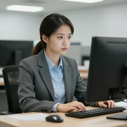 “office worker staring blankly at computer screen”