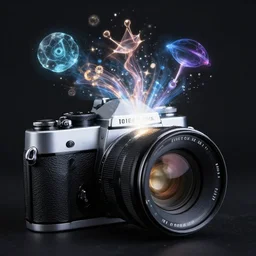 magical spells pouring out of a hyper realistic vintage camera lens
