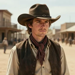 highly photorealistic matte portrait of young val kimer as wyatt earp from tombstone set against a western town, intricate detail, attention to details, warm color scheme, volumetric lighting