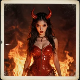 photo of demon girl in fire, old vintage photography, damaged photo, film artifacts, scratches, tears, hyperrealistic, ultra detailed, 4 k
