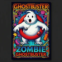 beautiful colorful hyperrealist highly detailed psychedelic blacklight poster'zombie ghostbuster ', psychedelic art nouveau, beautiful high contrast colored wood engraving, moebius comic style, shocking detail trending on artstation 8 k