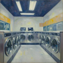 interior of a modern laundromat at night, stanhope forbes, impressionist painting