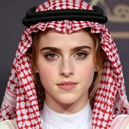 intricate hyper detailed ultra sharp portrait of emma watson with saudi arabian shemagh ghutra agal and white thobe, up close shot, sharp focus, global illumination, radiant light,