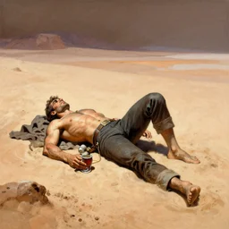 a man laying on a Martian beach, frank frazetta
