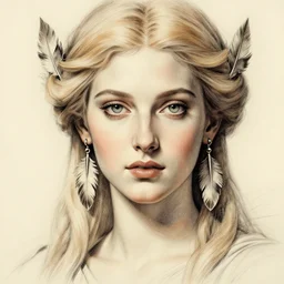sketch drawing of beautiful greek goddess aphrodite with arrowhead earrings and beautiful feather jewelry, beautiful piercing eyes, beautiful blonde hair, hyper realistic face, in the style of greg rutkowski, fantasy, amazing detail, epic, elegant, smooth, sharp focus, from the front
