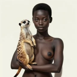 pretty black model with meerkat : : by martine johanna and simon stalenhag and chie yoshii and casey weldon and wlop : : ornate, dynamic, particulate, rich colors, intricate, elegant, highly detailed, vogue, harper's bazaar art, fashion magazine, smooth, sharp focus, 8 k, octane render,
