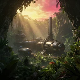 a beautiful render of a sci - fi scientific industrial facility localized in a jungle cave, lush flora, patches of yellowish - red - magenta sky, sunset lighting, detailed, hazy, humid, volumetric lighting, god rays, 8 k, photorealistic, raytracing effects, rtx on
