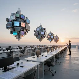 candid photo row of workshop desks stretching off to the horizon, documents connected through time and space, of sunrise futuristic floating open - air design studio : node - based visual programming language designed by jony ive ( glowing panels stacked into vast explorable sculptures ) scale model floating in midair in front of me : brilliant daylight vr os ux, leica 8 k still from an a 2 4 film