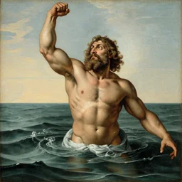 muscular man with beard rising from the ocean, painting by Albrecht Dürer