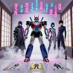 ghilbi, mazinger, ghost in the shell, 2 0 7 7, style of laurie greasley and satoshi kon + symmetric lights and smoke, psychedelic neon effects, white back ground, clean room, bold shoji, glowing particles, neon rain, glowing runes, de - noise, symmetrical composition, high detailed + tarot card, ornate border, 8 k