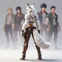 wide angle beautiful full body portrait of a strong female anthropomorphic anthro lynx fursona wearing a steampunk leather pants. from behind, character design by disney, anime, manga, charlie bowater, ross tran, artgerm, and makoto shinkai, detailed, soft lighting, rendered in octane, white fur