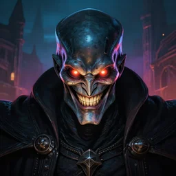 beautiful portrait of necron lord, cheeky smile, glowing eyes, colourful, atmospheric light, ominous ancient city on the background, dark fantasy, ultra realistic details, detailed face, artstation, illustration, one character, symmetrical, by arthur adams